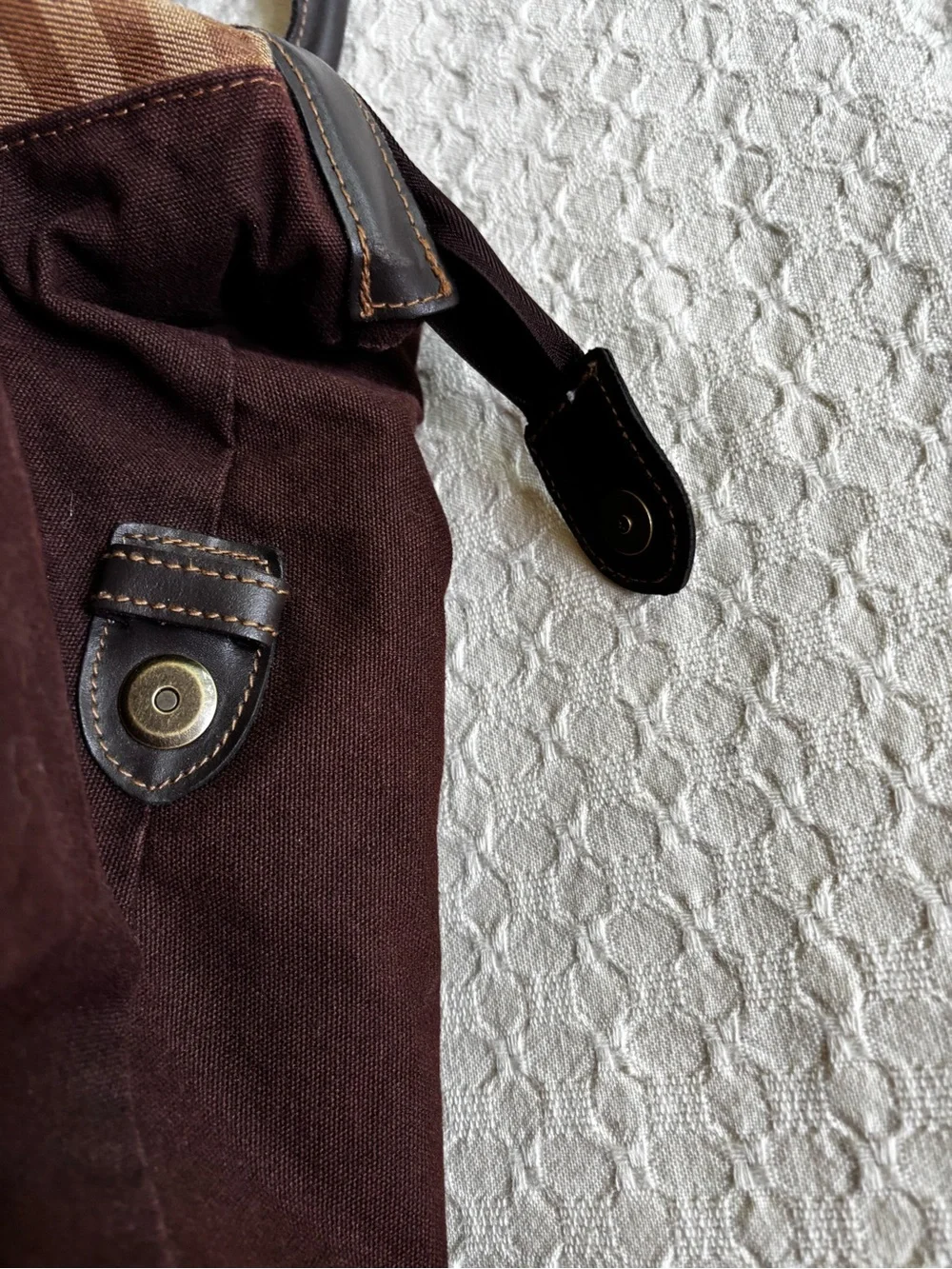 Eddie Bauer Brown Plaid Canvas Duffel Bag with Dark Trim